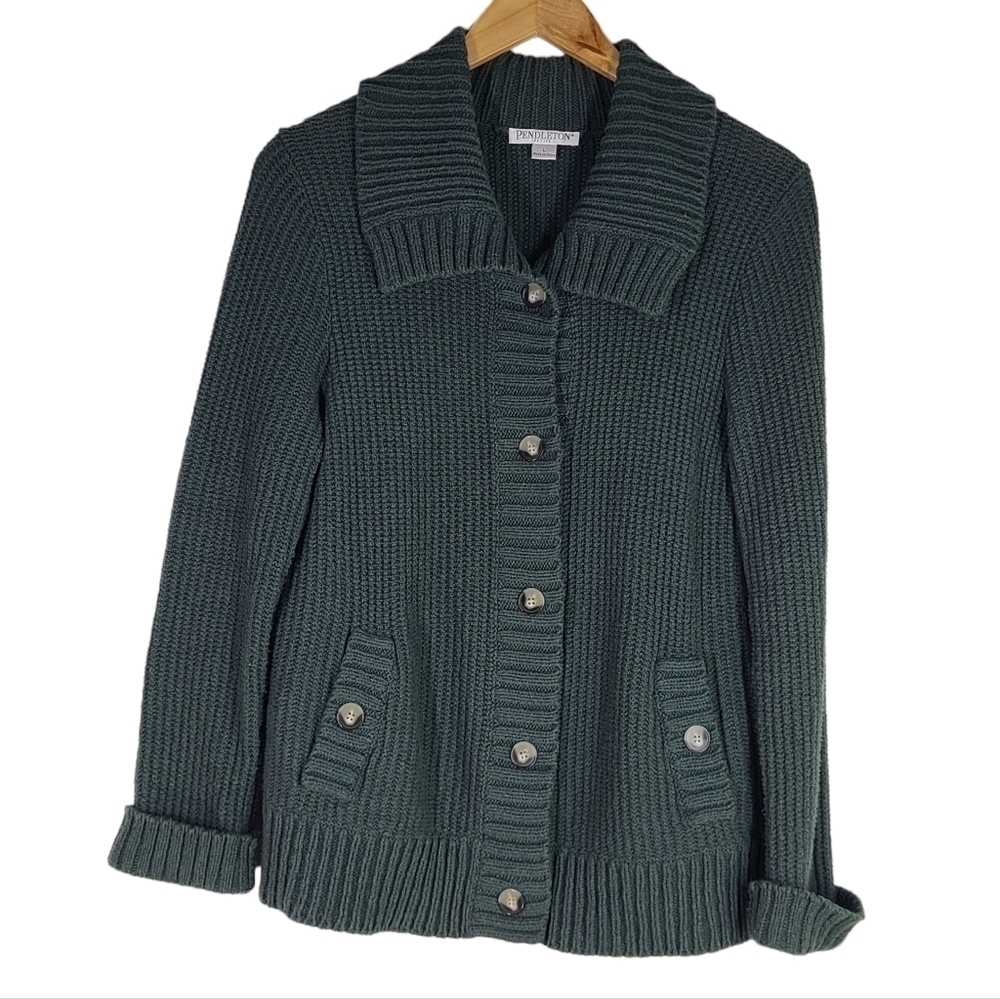 Pendleton Cardigan Sweater Button Front Thick Knit Grandpa Green Cotton Size LG